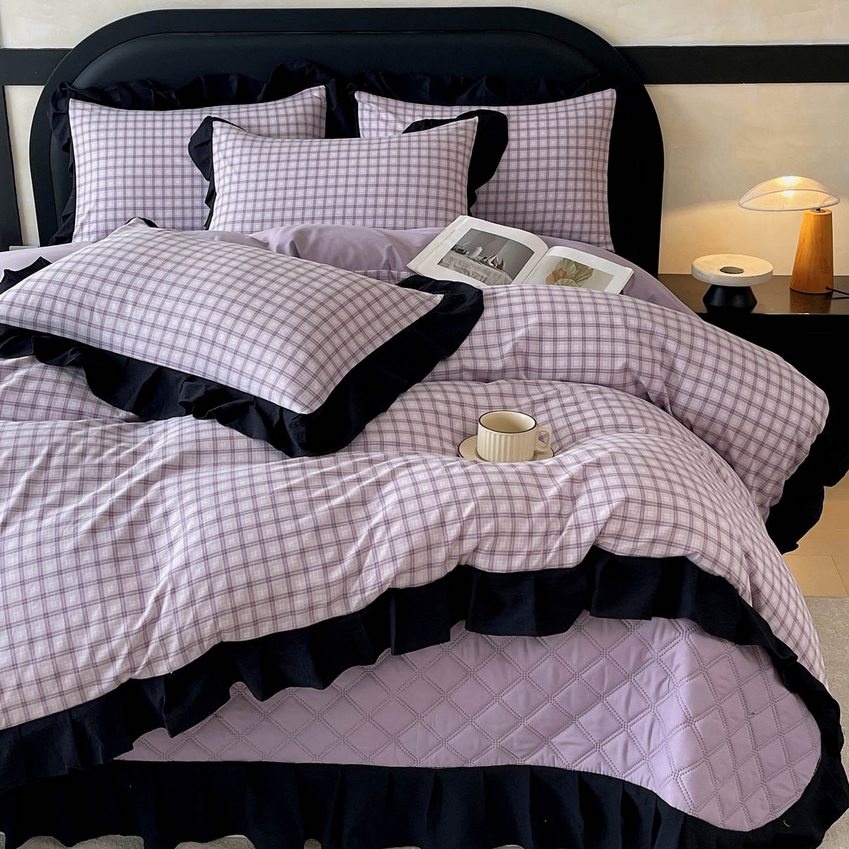 91家纺网 家纺一手货源 找家纺 麦田家纺 2026新款花边夹棉床盖四件套-西西里岛 西西里岛-浅紫