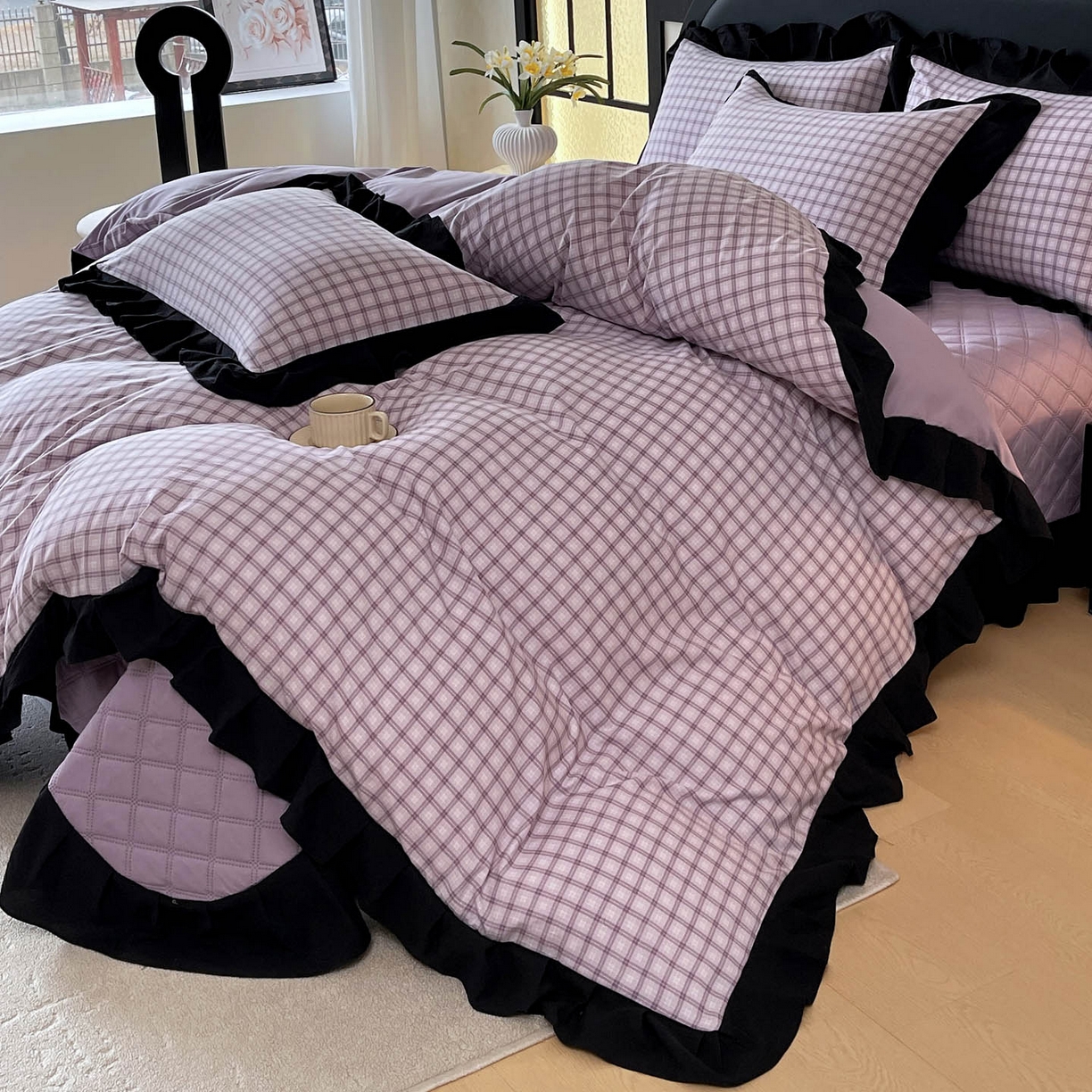 91家纺网 家纺一手货源 找家纺 麦田家纺 2026新款花边夹棉床盖四件套-西西里岛 西西里岛-浅紫