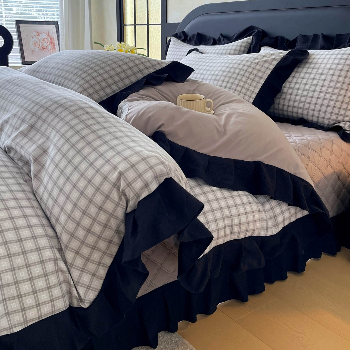 91家纺网 家纺一手货源 找家纺 麦田家纺 2026新款花边夹棉床盖四件套-西西里岛 西西里岛-山灰