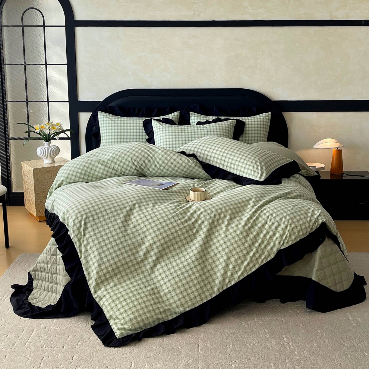 91家纺网 家纺一手货源 找家纺 麦田家纺 2026新款花边夹棉床盖四件套-西西里岛 西西里岛-藤绿