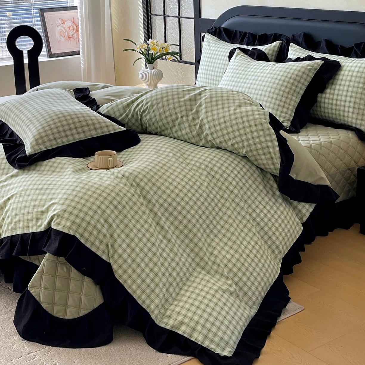 91家纺网 家纺一手货源 找家纺 麦田家纺 2026新款花边夹棉床盖四件套-西西里岛 西西里岛-藤绿