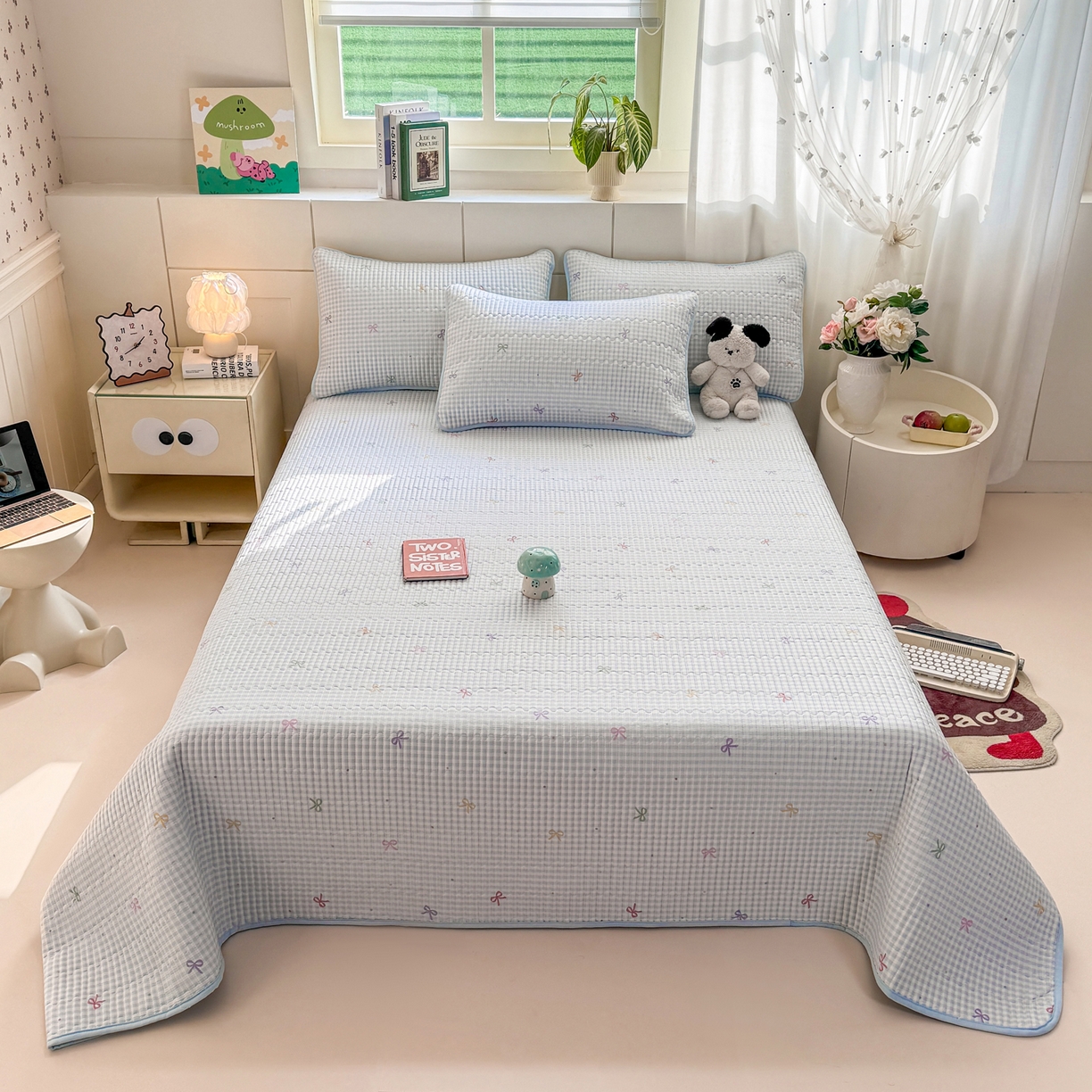 91家纺网 家纺一手货源 找家纺 康纳利 2026新款全棉床盖学生夹棉薄款床盖床垫三件套四季通用 蝴蝶结蓝