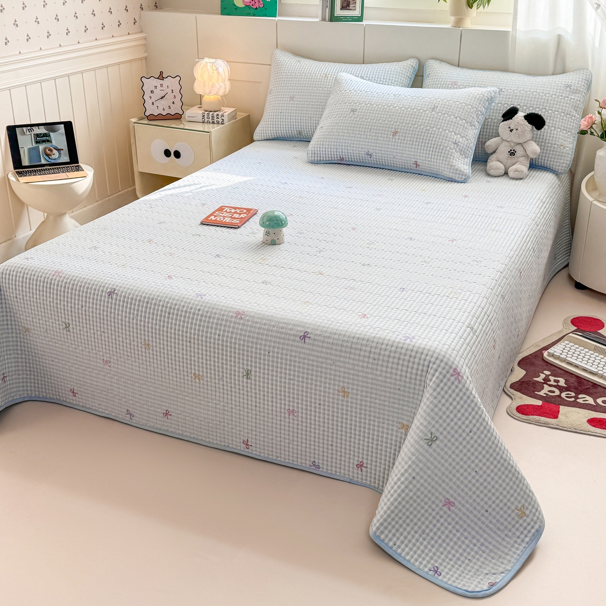 91家纺网 家纺一手货源 找家纺 康纳利 2026新款全棉床盖学生夹棉薄款床盖床垫三件套四季通用 蝴蝶结蓝