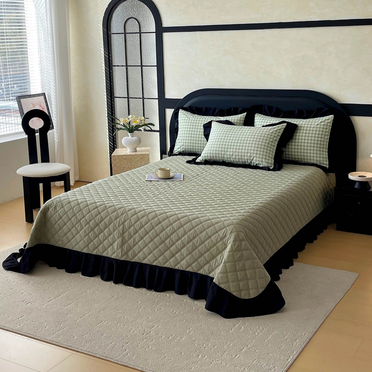 91家纺网 家纺一手货源 找家纺 麦田家纺 2026新款花边夹棉床盖四件套-西西里岛 西西里岛-藤绿