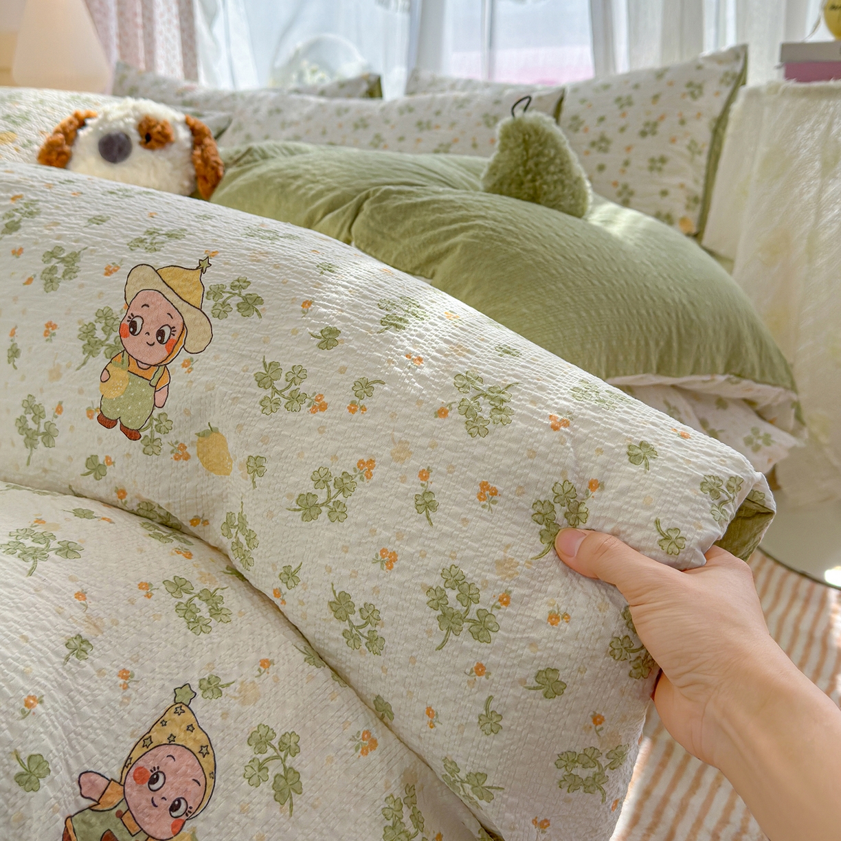 91家纺网 家纺一手货源 找家纺 铺尚美家纺 2026春夏新品高克重A类泡芙纱泡泡皱皱纱四件套 星星仔