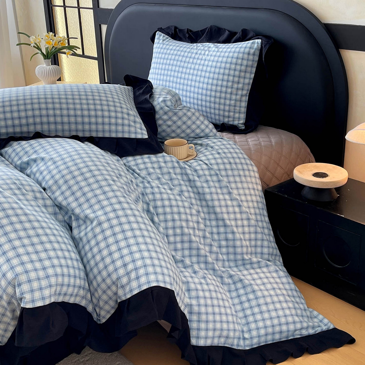 91家纺网 家纺一手货源 找家纺 麦田家纺 2026新款花边夹棉床盖四件套-西西里岛 西西里岛-天蓝