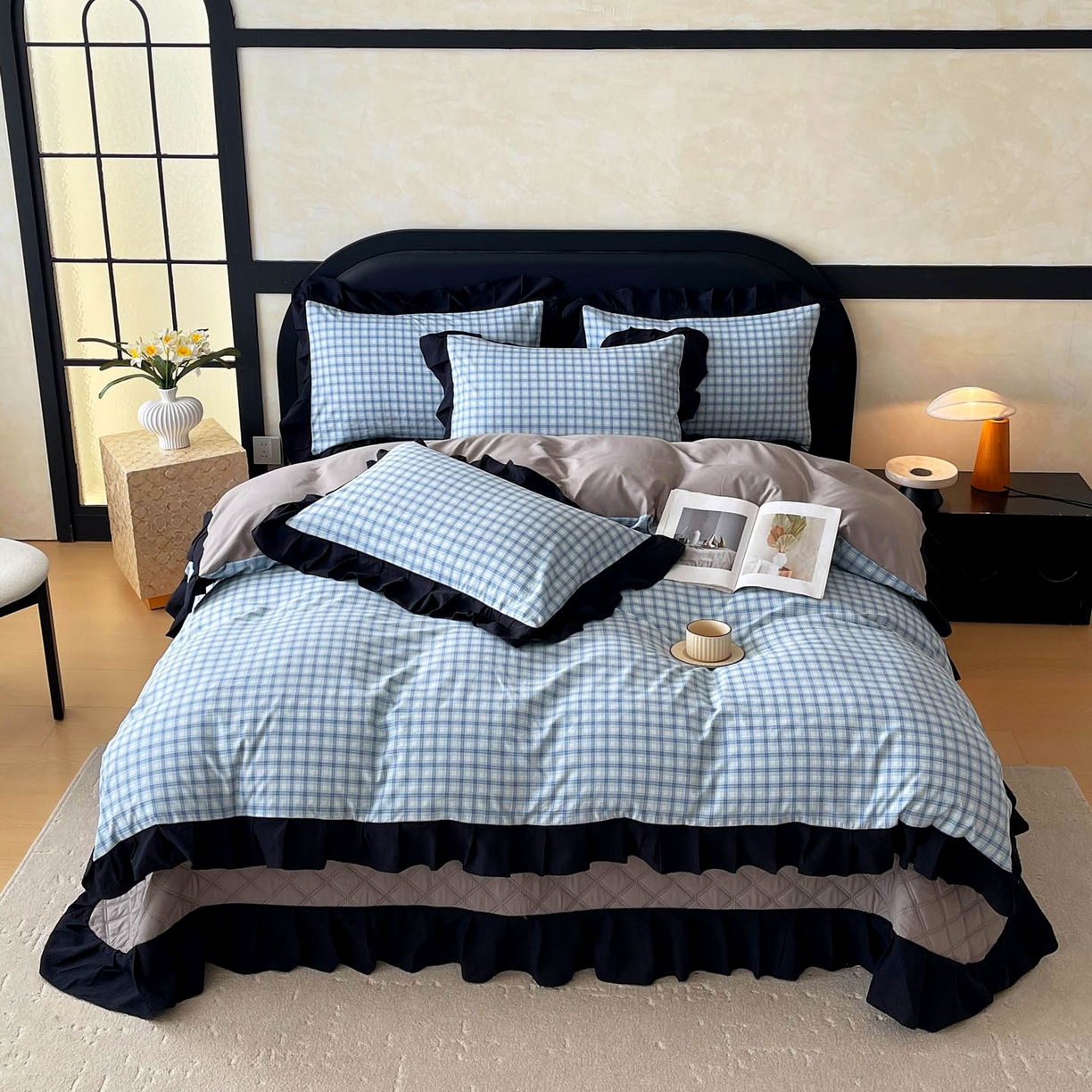 91家纺网 家纺一手货源 找家纺 麦田家纺 2026新款花边夹棉床盖四件套-西西里岛 西西里岛-天蓝