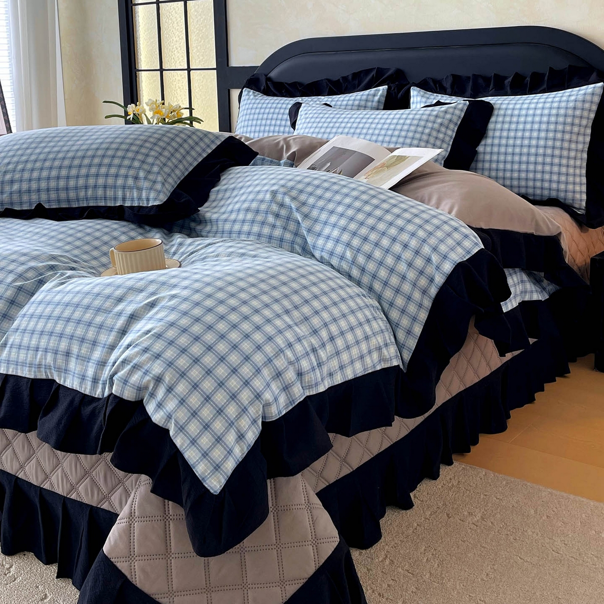 91家纺网 家纺一手货源 找家纺 麦田家纺 2026新款花边夹棉床盖四件套-西西里岛 西西里岛-天蓝