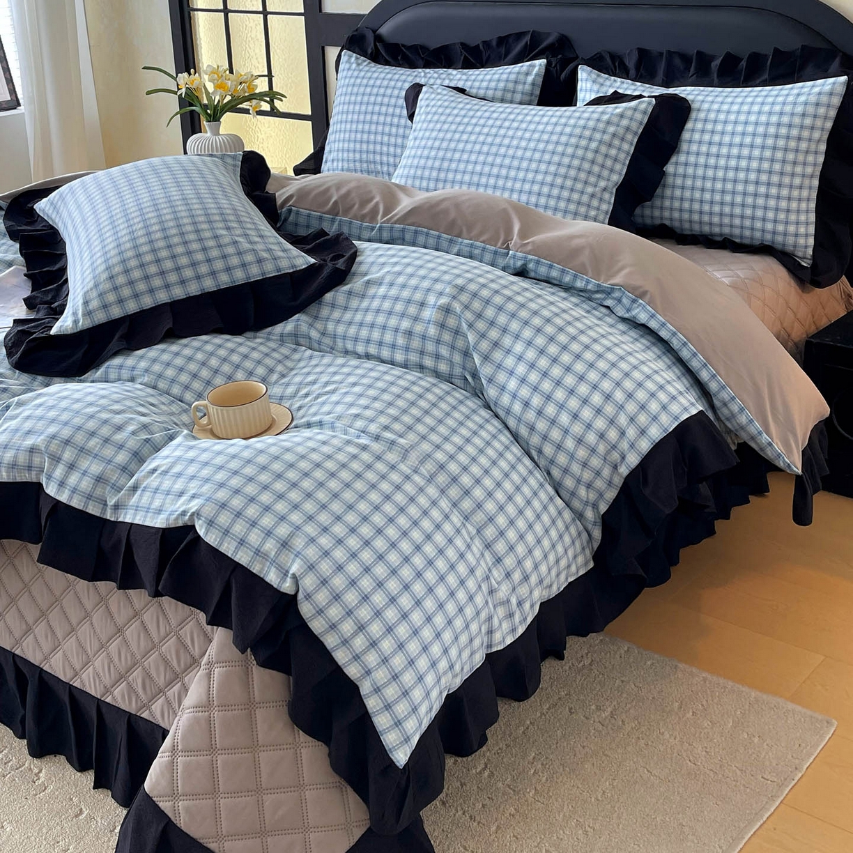 91家纺网 家纺一手货源 找家纺 麦田家纺 2026新款花边夹棉床盖四件套-西西里岛 西西里岛-天蓝