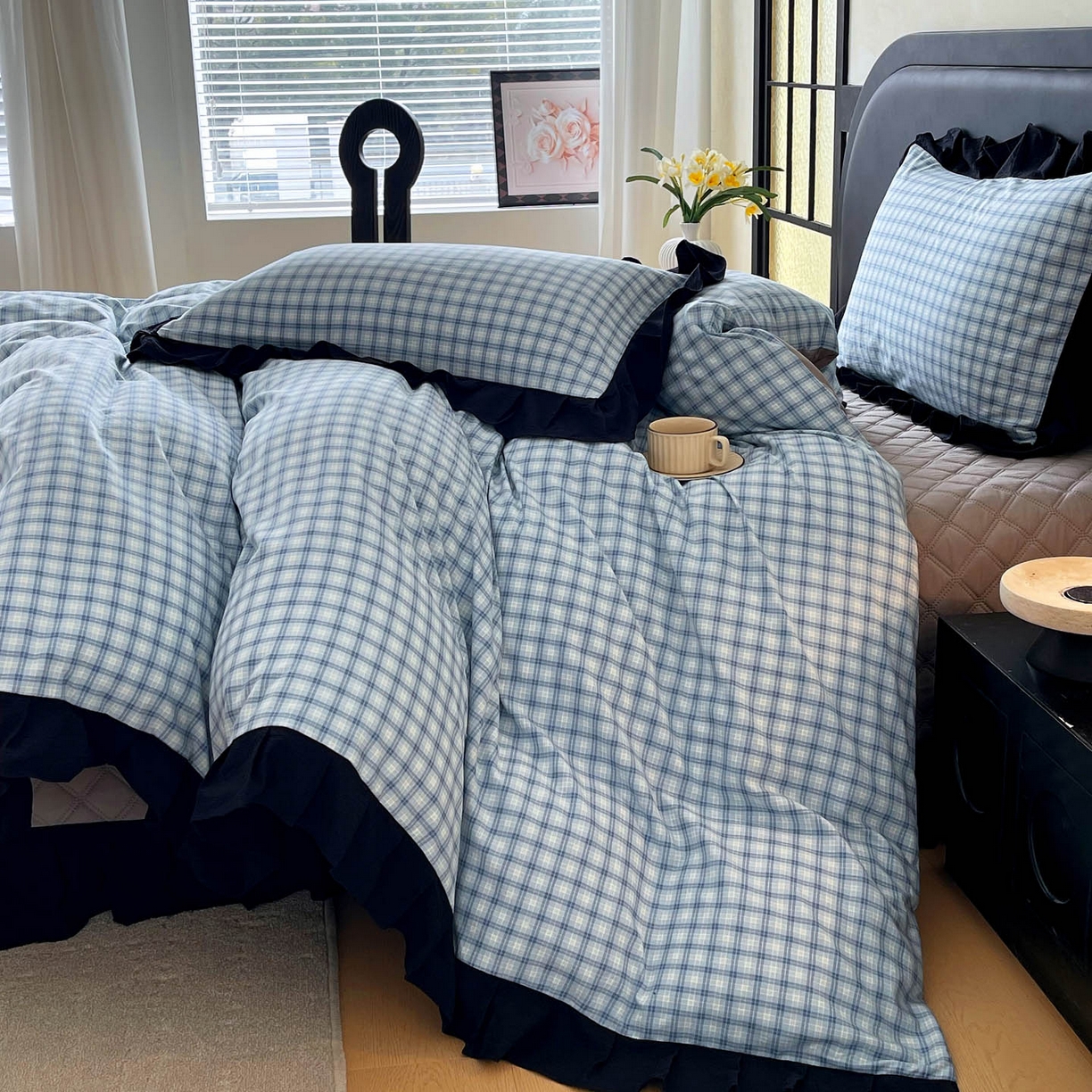 91家纺网 家纺一手货源 找家纺 麦田家纺 2026新款花边夹棉床盖四件套-西西里岛 西西里岛-天蓝