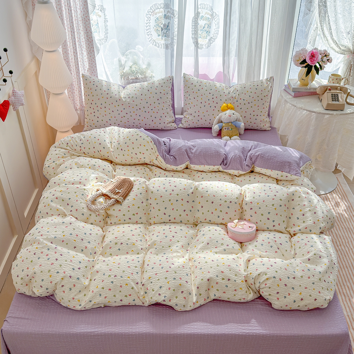 91家纺网 家纺一手货源 找家纺 铺尚美家纺 2026春夏新品高克重A类泡芙纱泡泡皱皱纱四件套 爱心点点