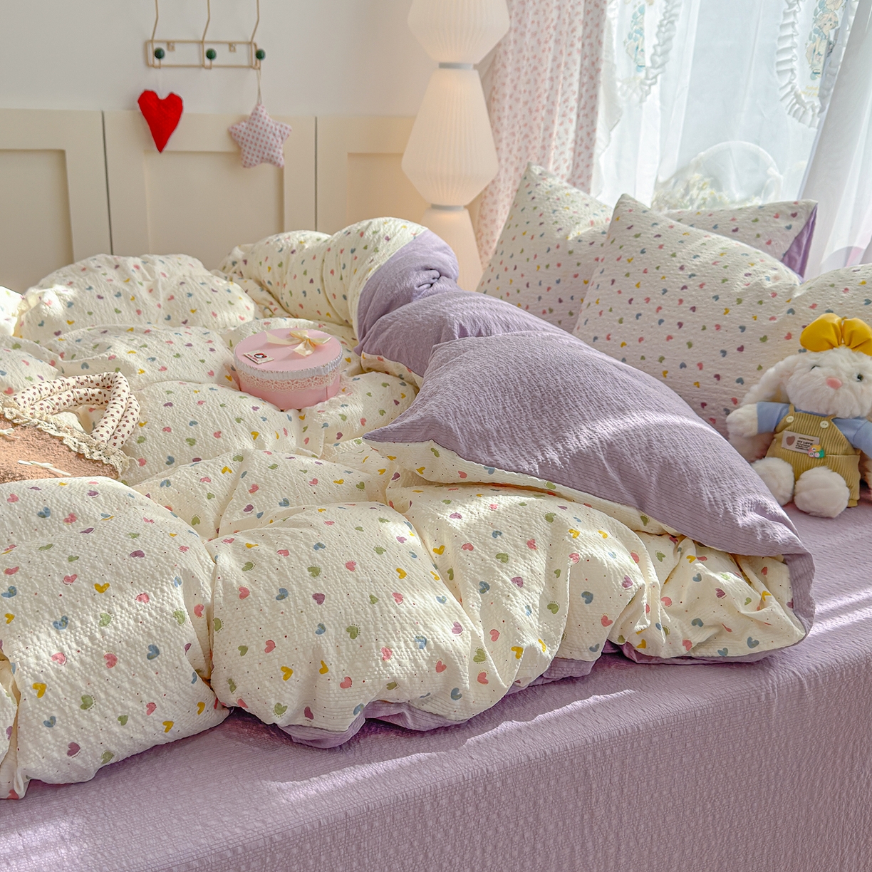 91家纺网 家纺一手货源 找家纺 铺尚美家纺 2026春夏新品高克重A类泡芙纱泡泡皱皱纱四件套 爱心点点