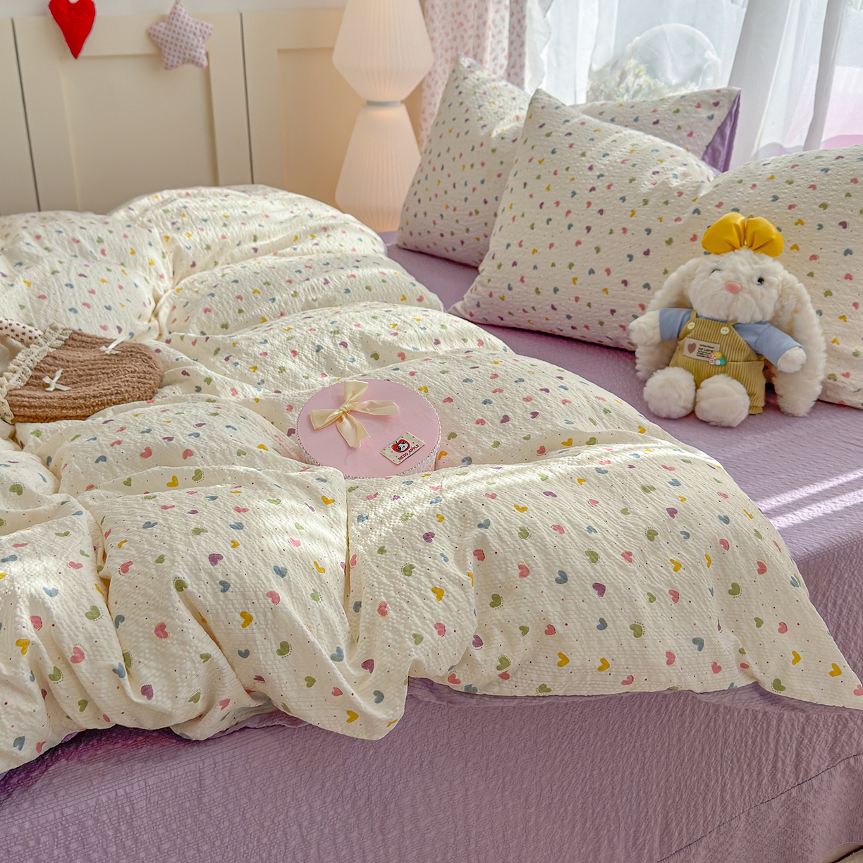 91家纺网 家纺一手货源 找家纺 铺尚美家纺 2026春夏新品高克重A类泡芙纱泡泡皱皱纱四件套 爱心点点