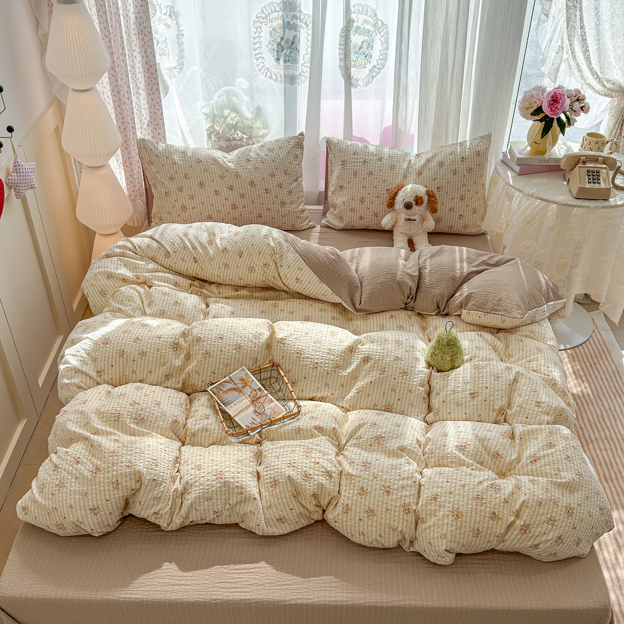 91家纺网 家纺一手货源 找家纺 铺尚美家纺 2026春夏新品高克重A类泡芙纱泡泡皱皱纱四件套 浅唱花语