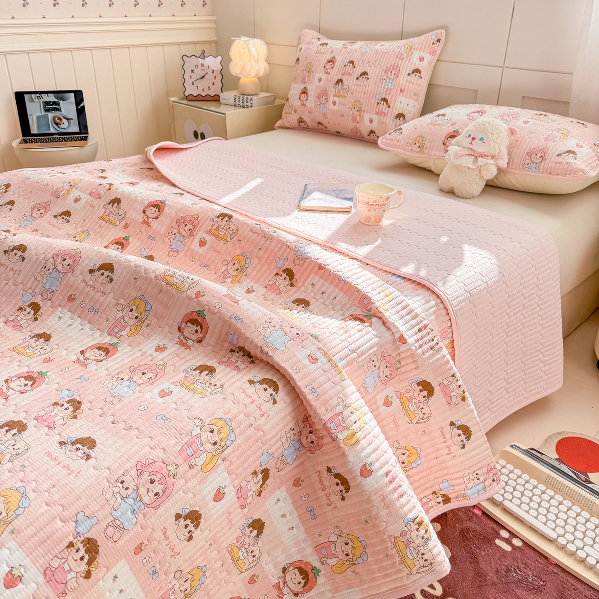康纳利 2026新款全棉床盖学生夹棉薄款床盖床垫三件套四季通用 欢乐伙伴