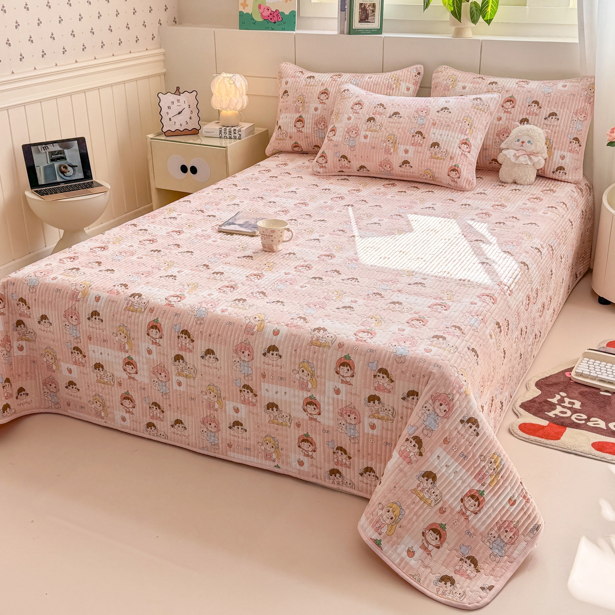 91家纺网 家纺一手货源 找家纺 康纳利 2026新款全棉床盖学生夹棉薄款床盖床垫三件套四季通用 欢乐伙伴