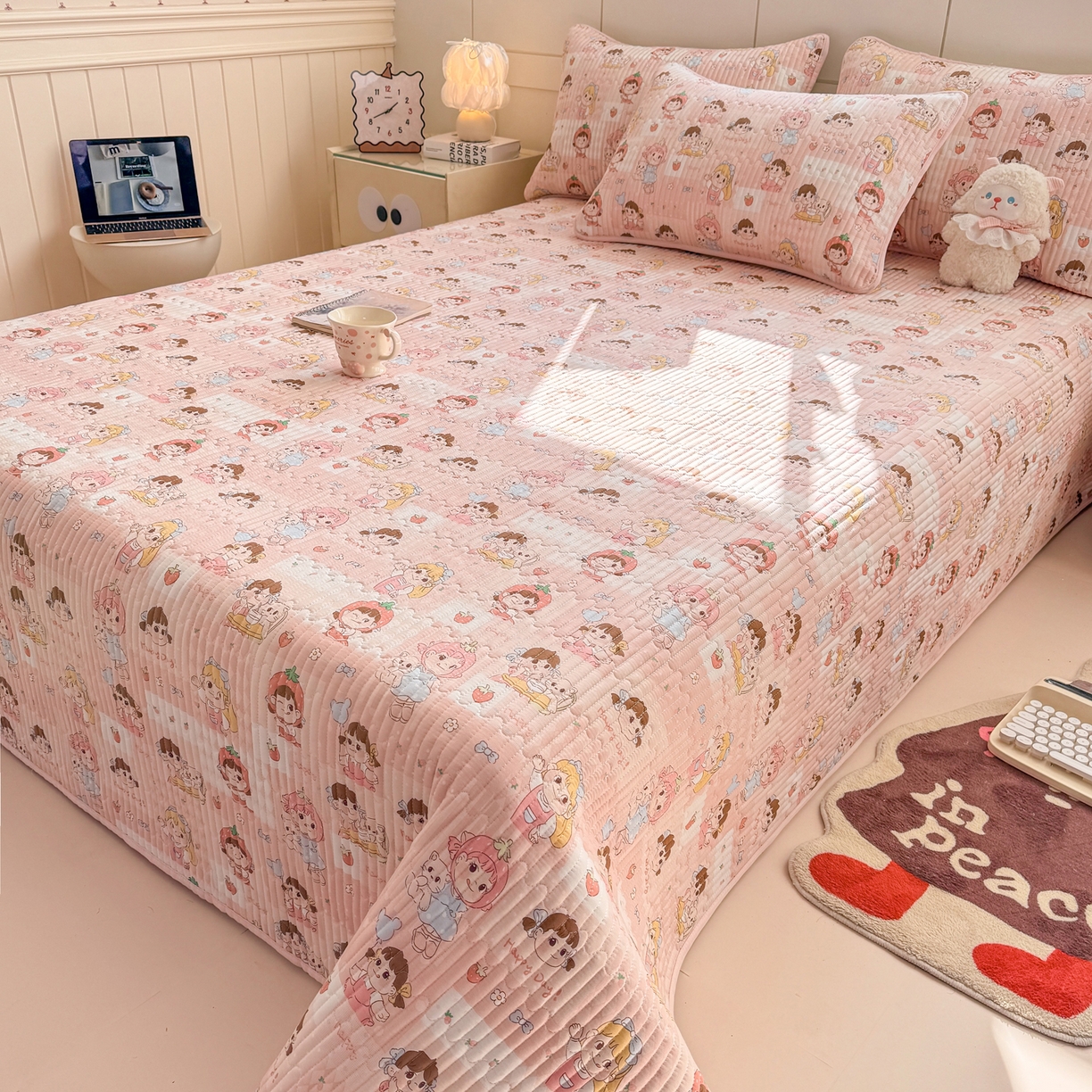 91家纺网 家纺一手货源 找家纺 康纳利 2026新款全棉床盖学生夹棉薄款床盖床垫三件套四季通用 欢乐伙伴