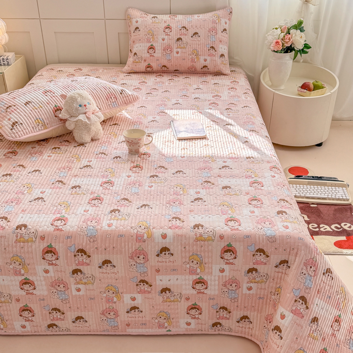 91家纺网 家纺一手货源 找家纺 康纳利 2026新款全棉床盖学生夹棉薄款床盖床垫三件套四季通用 欢乐伙伴