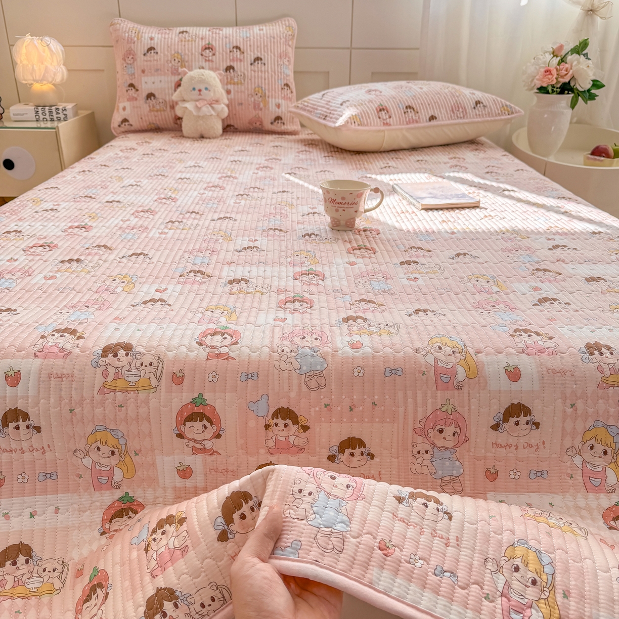 91家纺网 家纺一手货源 找家纺 康纳利 2026新款全棉床盖学生夹棉薄款床盖床垫三件套四季通用 欢乐伙伴