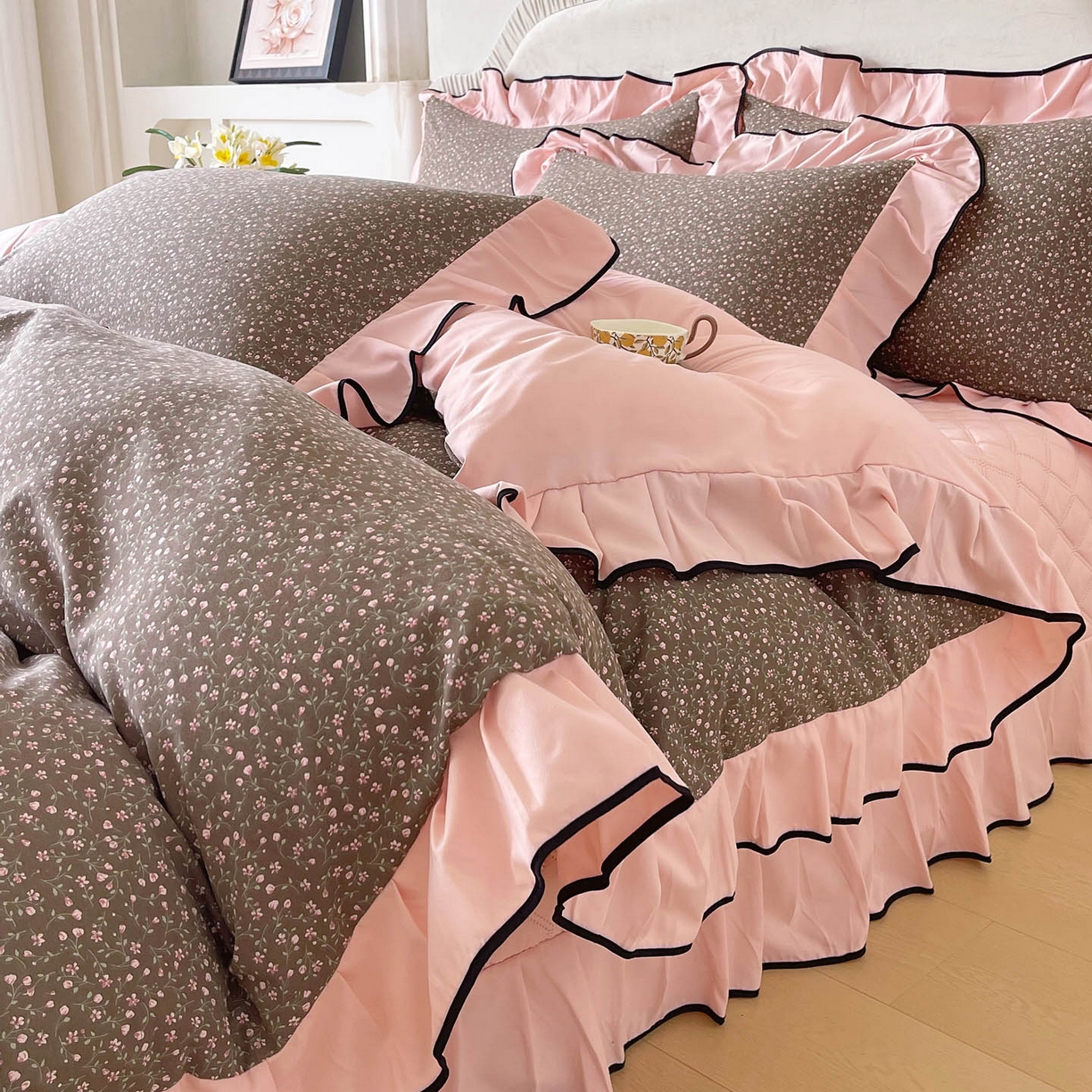 91家纺网 家纺一手货源 找家纺 麦田家纺 2026新款花边床盖四件套 朝花夕拾