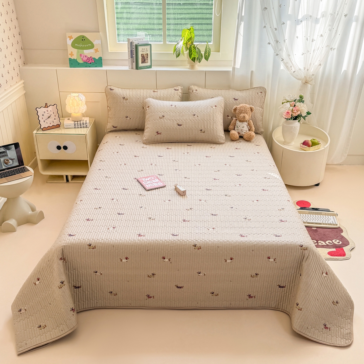 91家纺网 家纺一手货源 找家纺 康纳利 2026新款全棉床盖学生夹棉薄款床盖床垫三件套四季通用 腊肠狗