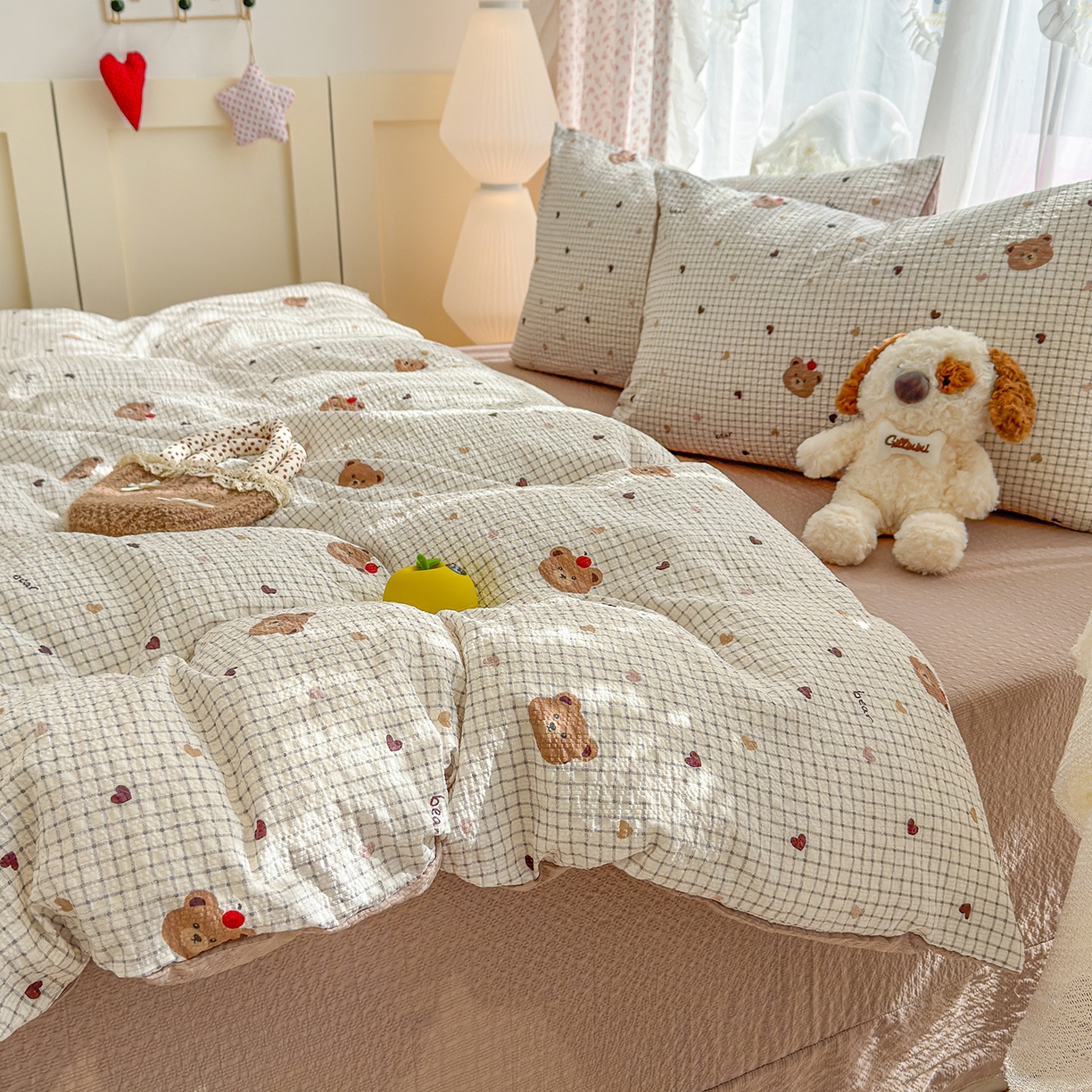 91家纺网 家纺一手货源 找家纺 铺尚美家纺 2026春夏新品高克重A类泡芙纱泡泡皱皱纱四件套 爱心小熊