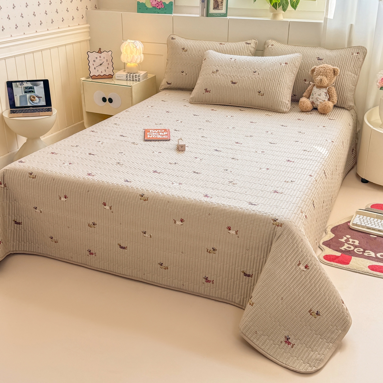 91家纺网 家纺一手货源 找家纺 康纳利 2026新款全棉床盖学生夹棉薄款床盖床垫三件套四季通用 腊肠狗