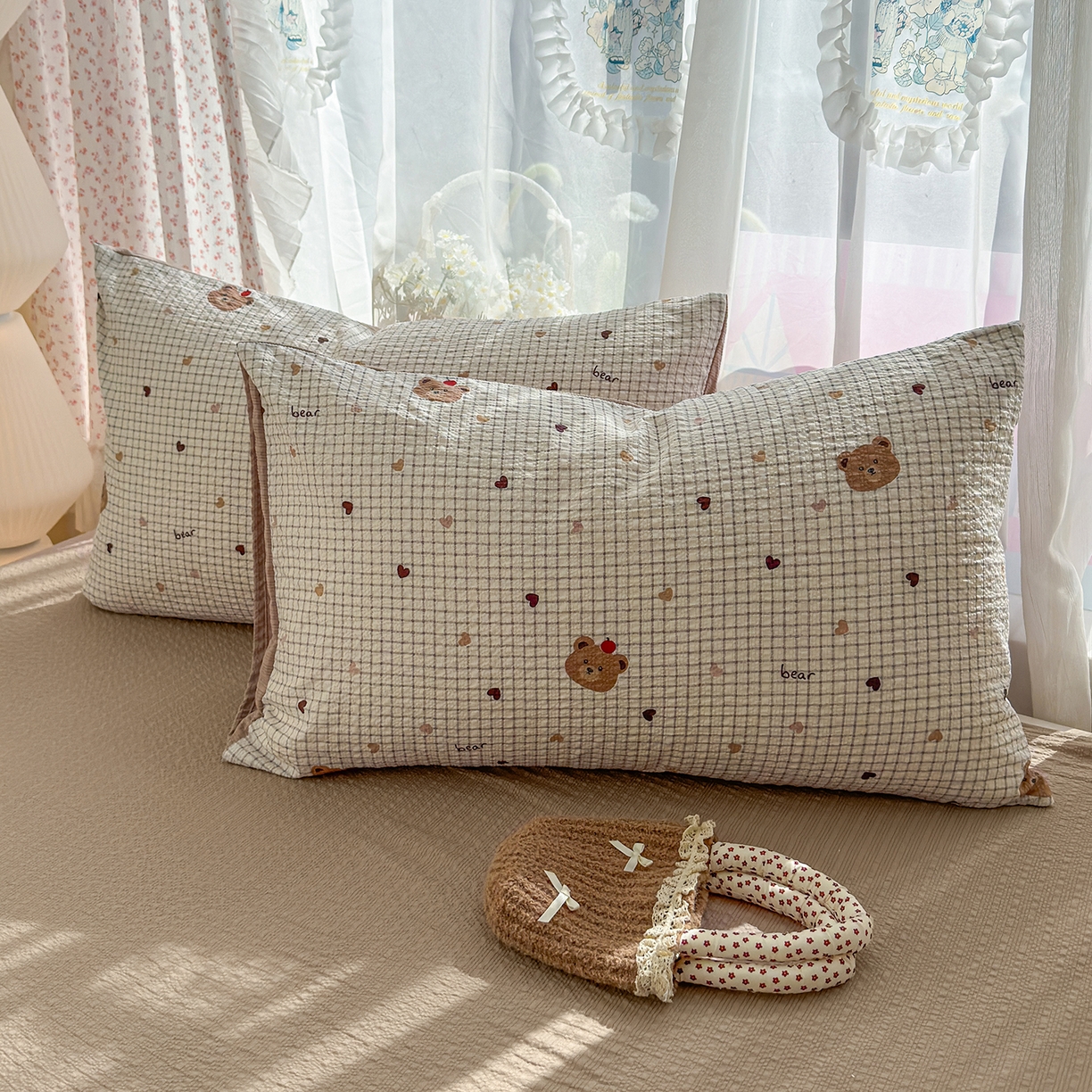 91家纺网 家纺一手货源 找家纺 铺尚美家纺 2026春夏新品高克重A类泡芙纱泡泡皱皱纱四件套 爱心小熊