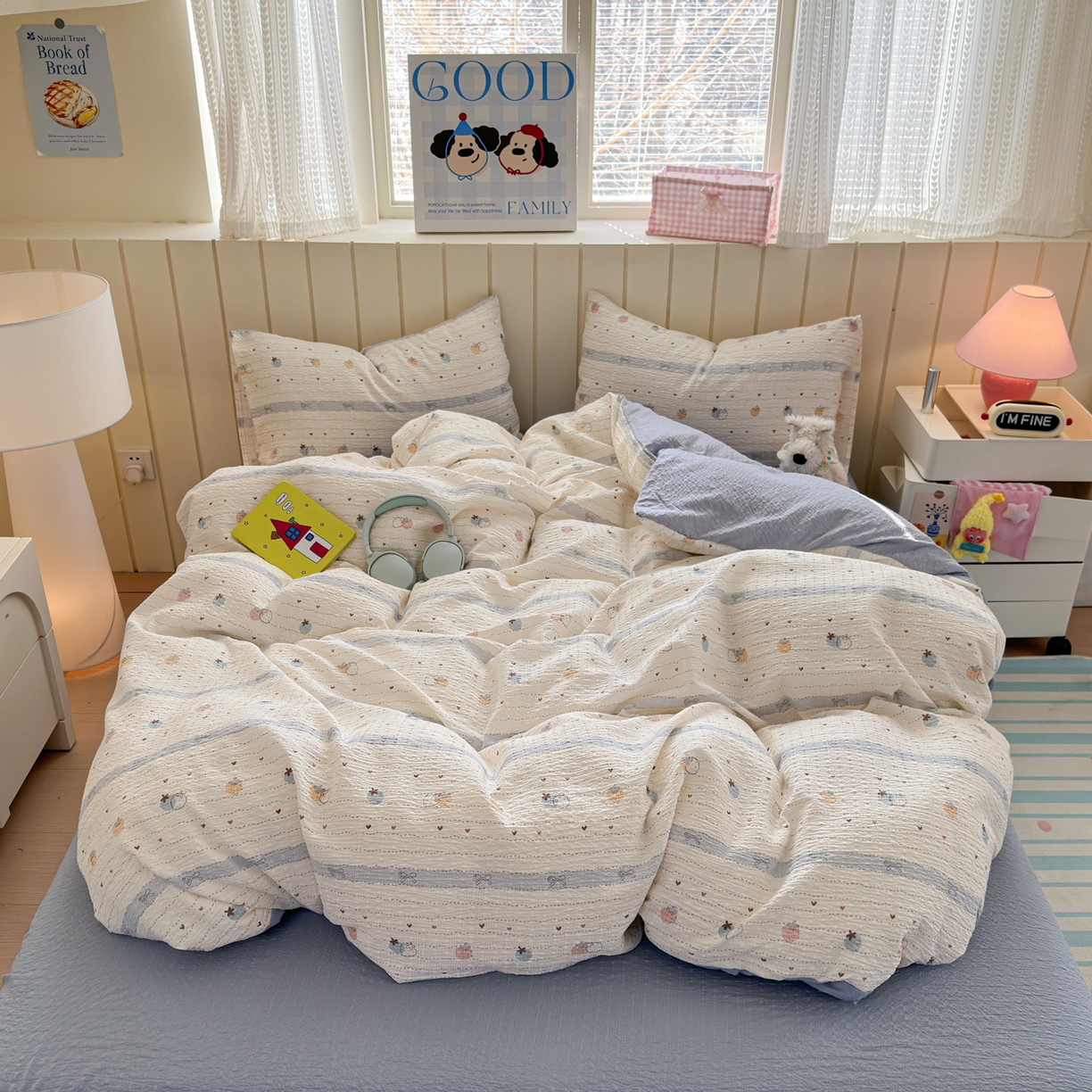 91家纺网 家纺一手货源 找家纺 德比尔斯 2026新款小清新110g高品质直播热卖款A类泡芙棉四件套 爱心草莓