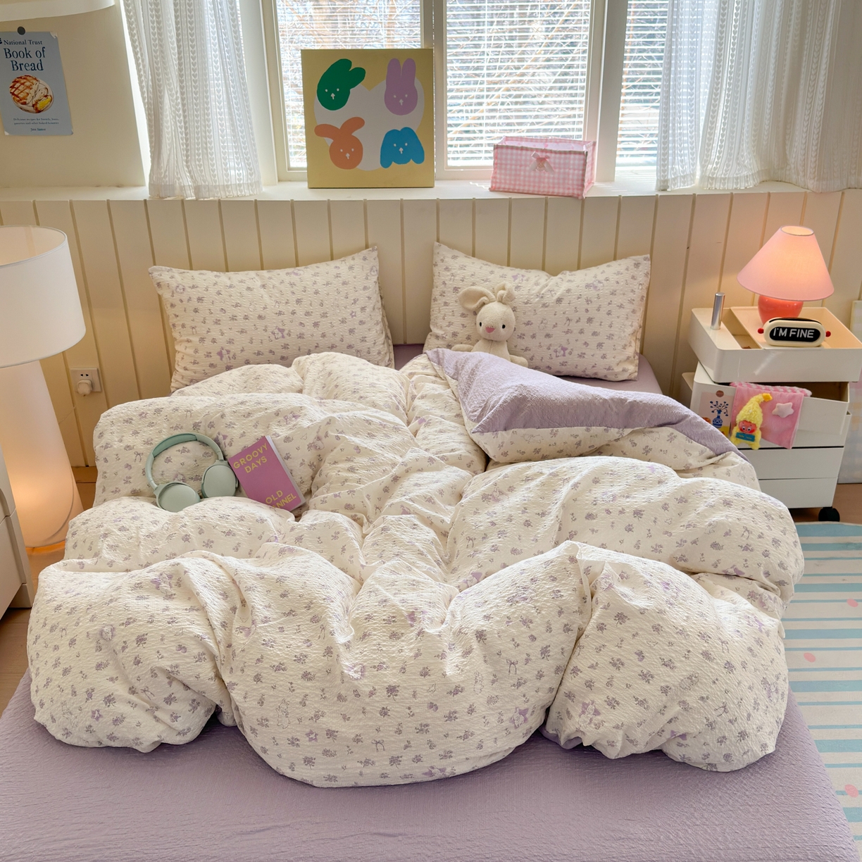 91家纺网 家纺一手货源 找家纺 德比尔斯 2026新款小清新110g高品质直播热卖款A类泡芙棉四件套 安妮小兔