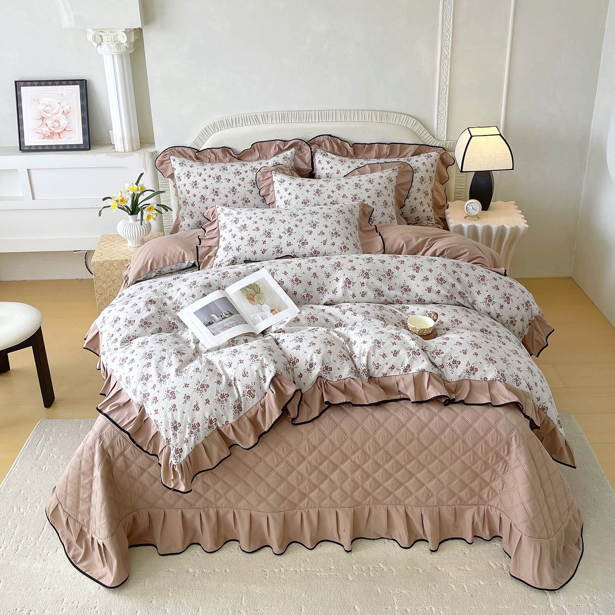 91家纺网 家纺一手货源 找家纺 麦田家纺 2026新款花边床盖四件套 丹枫白露