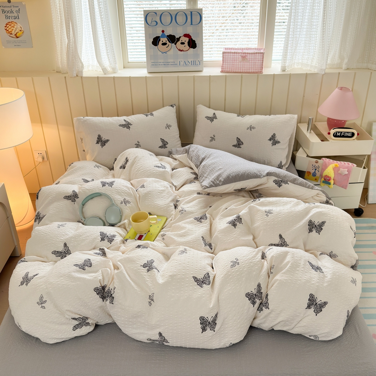 91家纺网 家纺一手货源 找家纺 德比尔斯 2026新款小清新110g高品质直播热卖款A类泡芙棉四件套 蝴蝶