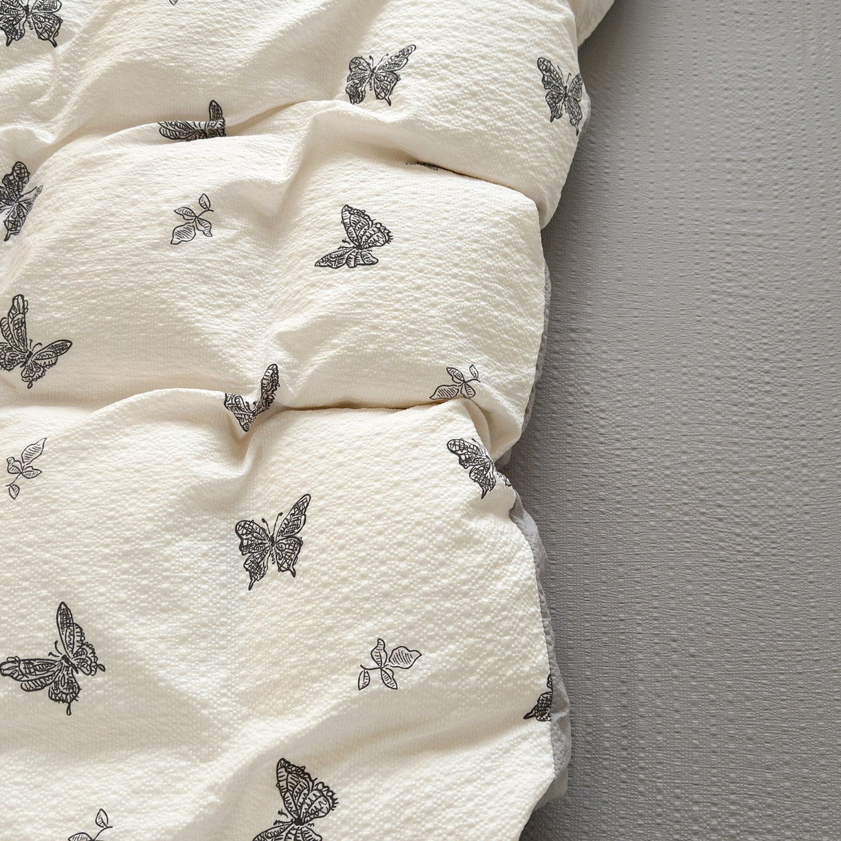 91家纺网 家纺一手货源 找家纺 德比尔斯 2026新款小清新110g高品质直播热卖款A类泡芙棉四件套 蝴蝶