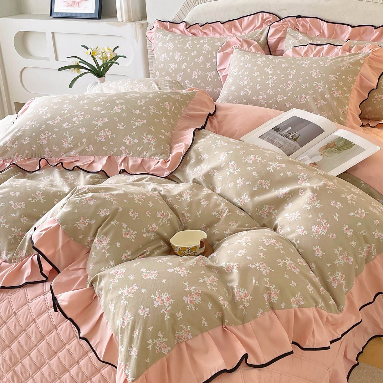 91家纺网 家纺一手货源 找家纺 麦田家纺 2026新款花边床盖四件套 花漾甜心