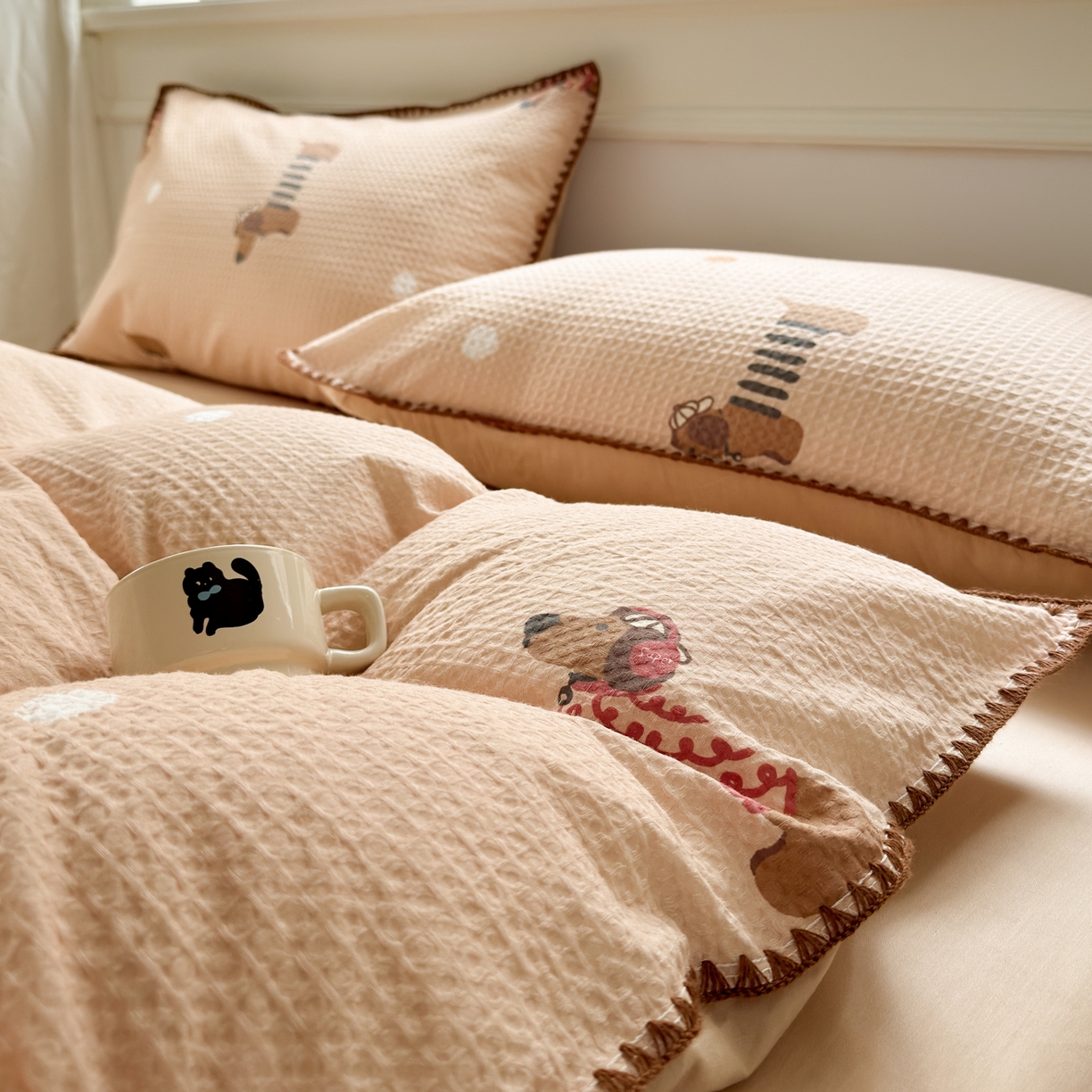 91家纺网 家纺一手货源 找家纺 雯雨家纺 2026新款全棉华夫格三角针被套 瑞乐棕