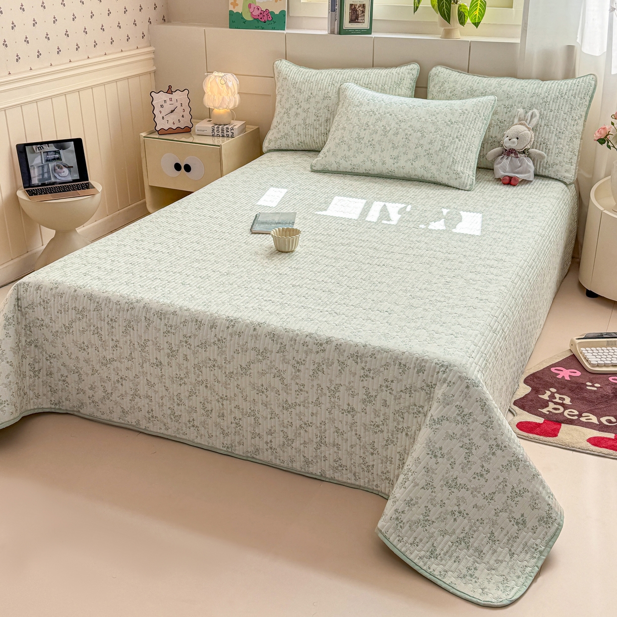 91家纺网 家纺一手货源 找家纺 康纳利 2026新款全棉床盖学生夹棉薄款床盖床垫三件套四季通用 莱茵春色