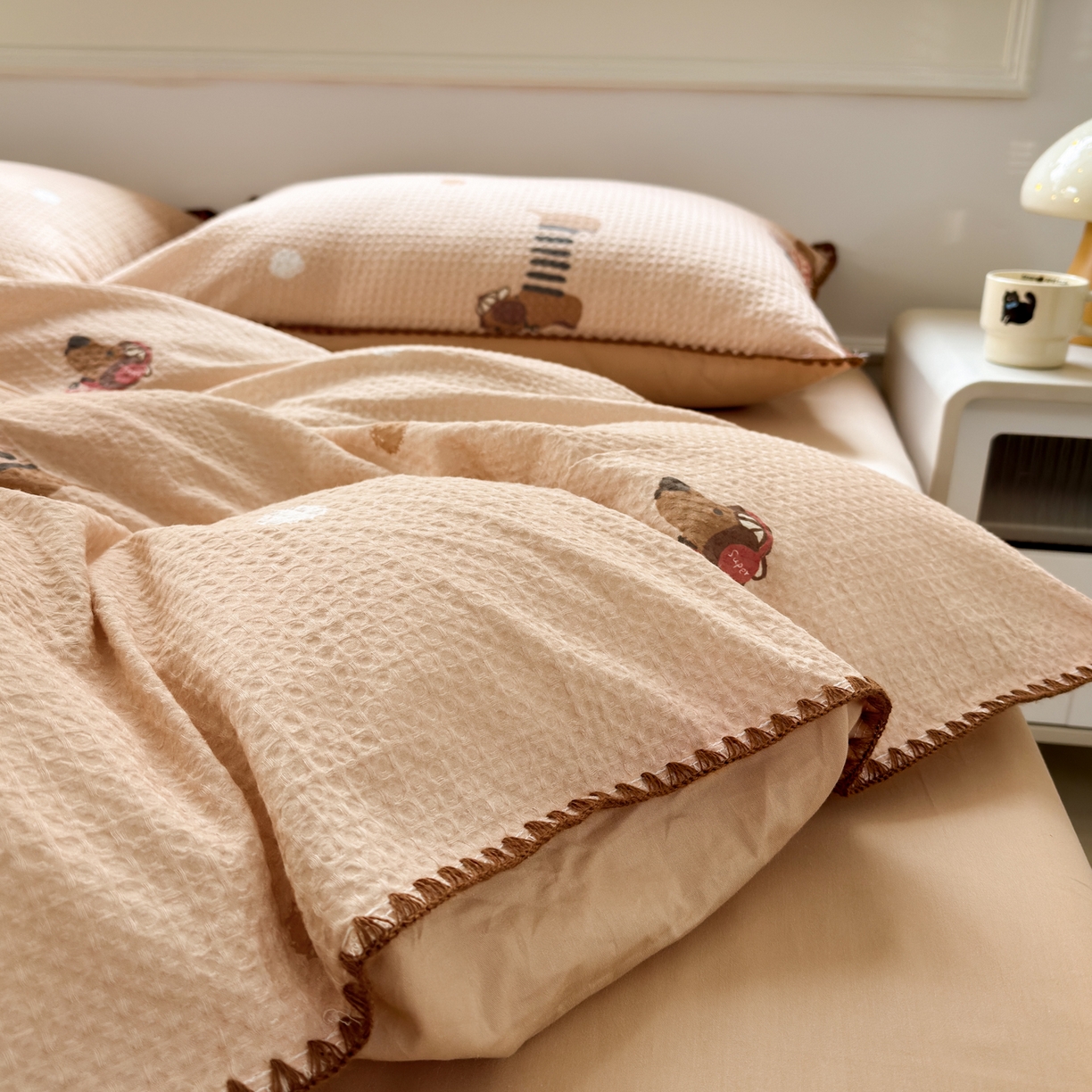 91家纺网 家纺一手货源 找家纺 雯雨家纺 2026新款全棉华夫格三角针被套 瑞乐棕