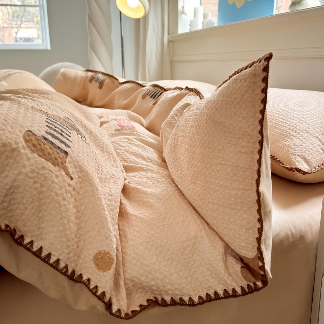 91家纺网 家纺一手货源 找家纺 雯雨家纺 2026新款全棉华夫格三角针被套 瑞乐棕