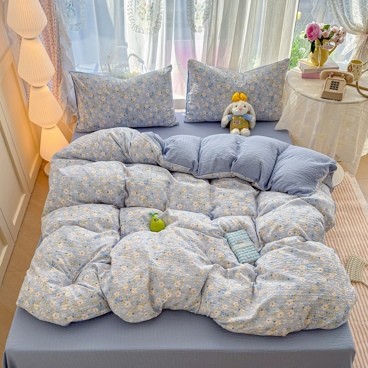 91家纺网 家纺一手货源 找家纺 铺尚美家纺 2026春夏新品高克重A类泡芙纱泡泡皱皱纱四件套 初见一蓝