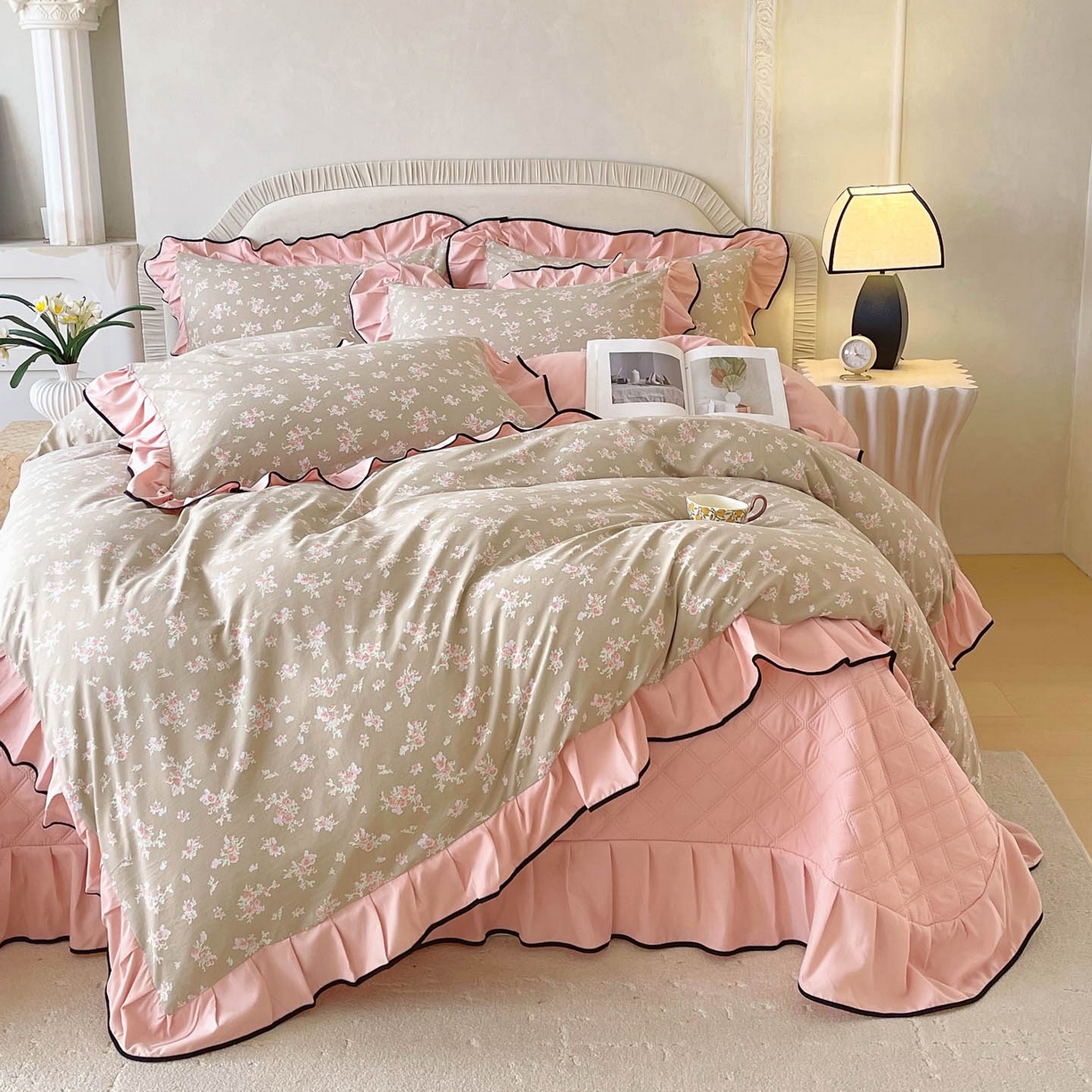 91家纺网 家纺一手货源 找家纺 麦田家纺 2026新款花边床盖四件套 花漾甜心