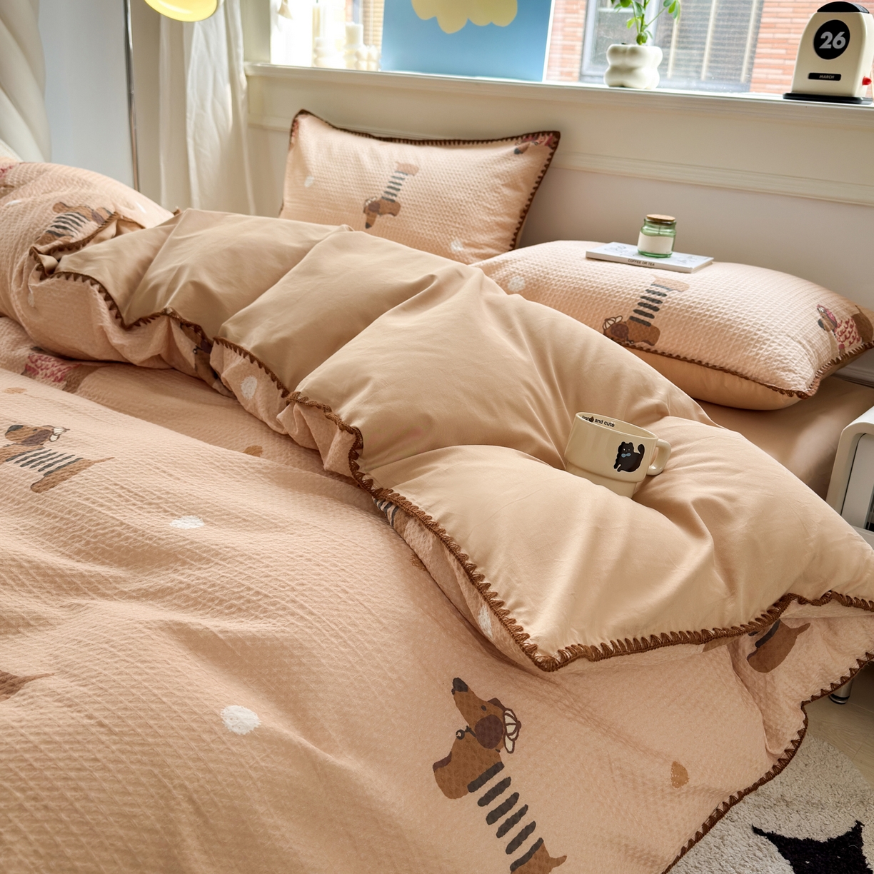 91家纺网 家纺一手货源 找家纺 雯雨家纺 2026新款全棉华夫格三角针被套 瑞乐棕