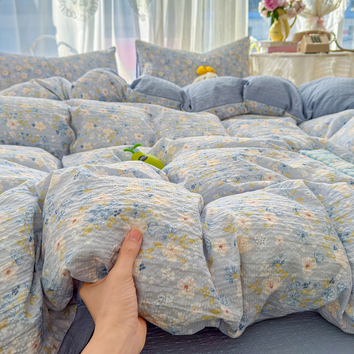 91家纺网 家纺一手货源 找家纺 铺尚美家纺 2026春夏新品高克重A类泡芙纱泡泡皱皱纱四件套 初见一蓝