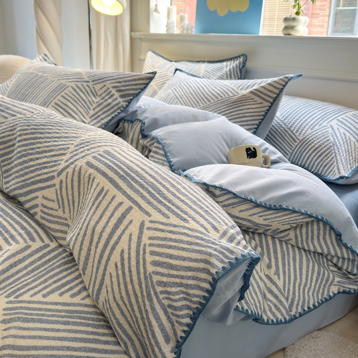 91家纺网 家纺一手货源 找家纺 雯雨家纺 2026新款全棉华夫格三角针被套 简森蓝