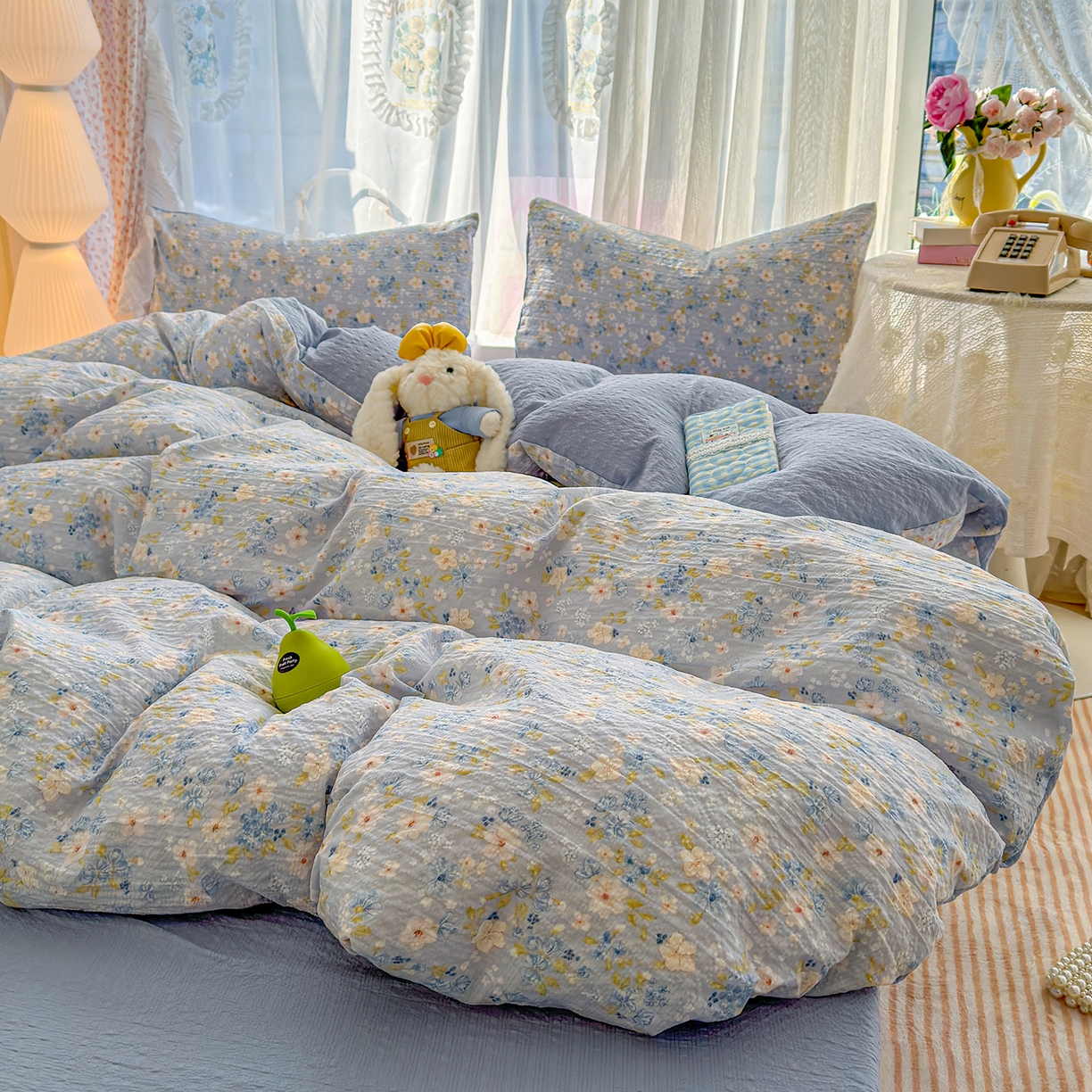 91家纺网 家纺一手货源 找家纺 铺尚美家纺 2026春夏新品高克重A类泡芙纱泡泡皱皱纱四件套 初见一蓝