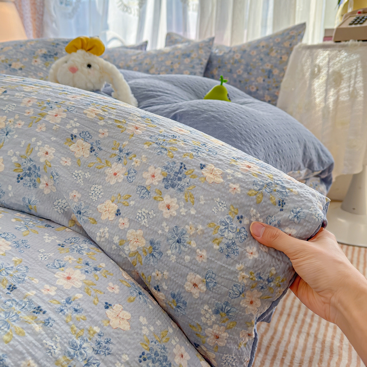 91家纺网 家纺一手货源 找家纺 铺尚美家纺 2026春夏新品高克重A类泡芙纱泡泡皱皱纱四件套 初见一蓝