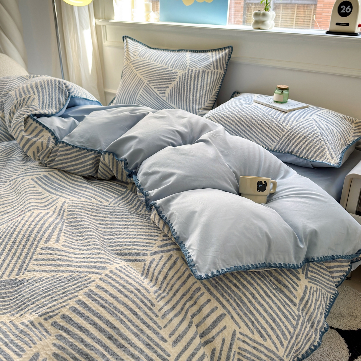 91家纺网 家纺一手货源 找家纺 雯雨家纺 2026新款全棉华夫格三角针被套 简森蓝