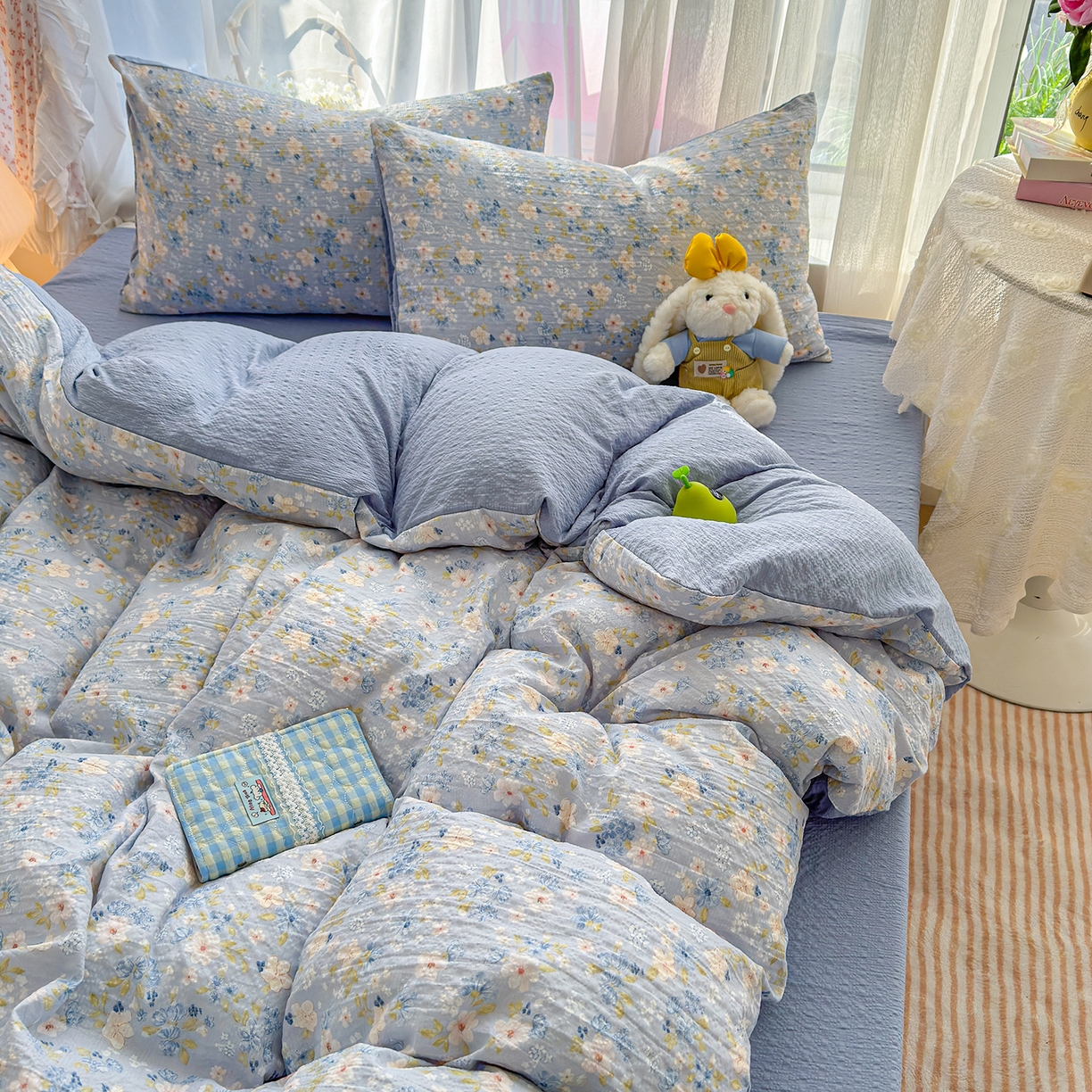 91家纺网 家纺一手货源 找家纺 铺尚美家纺 2026春夏新品高克重A类泡芙纱泡泡皱皱纱四件套 初见一蓝