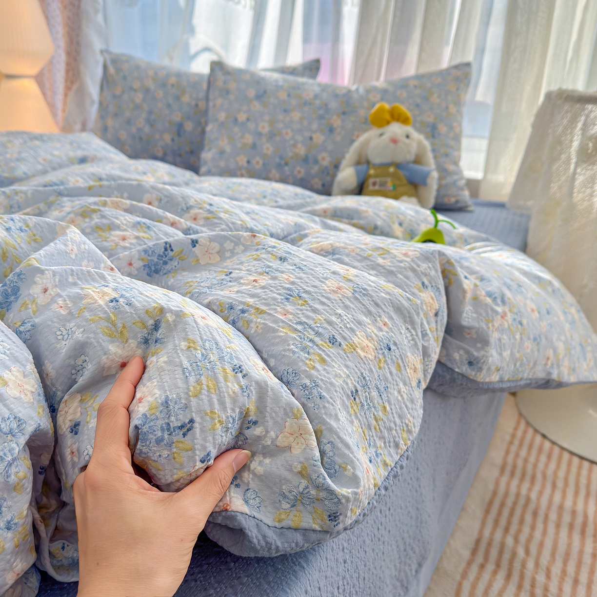 91家纺网 家纺一手货源 找家纺 铺尚美家纺 2026春夏新品高克重A类泡芙纱泡泡皱皱纱四件套 初见一蓝