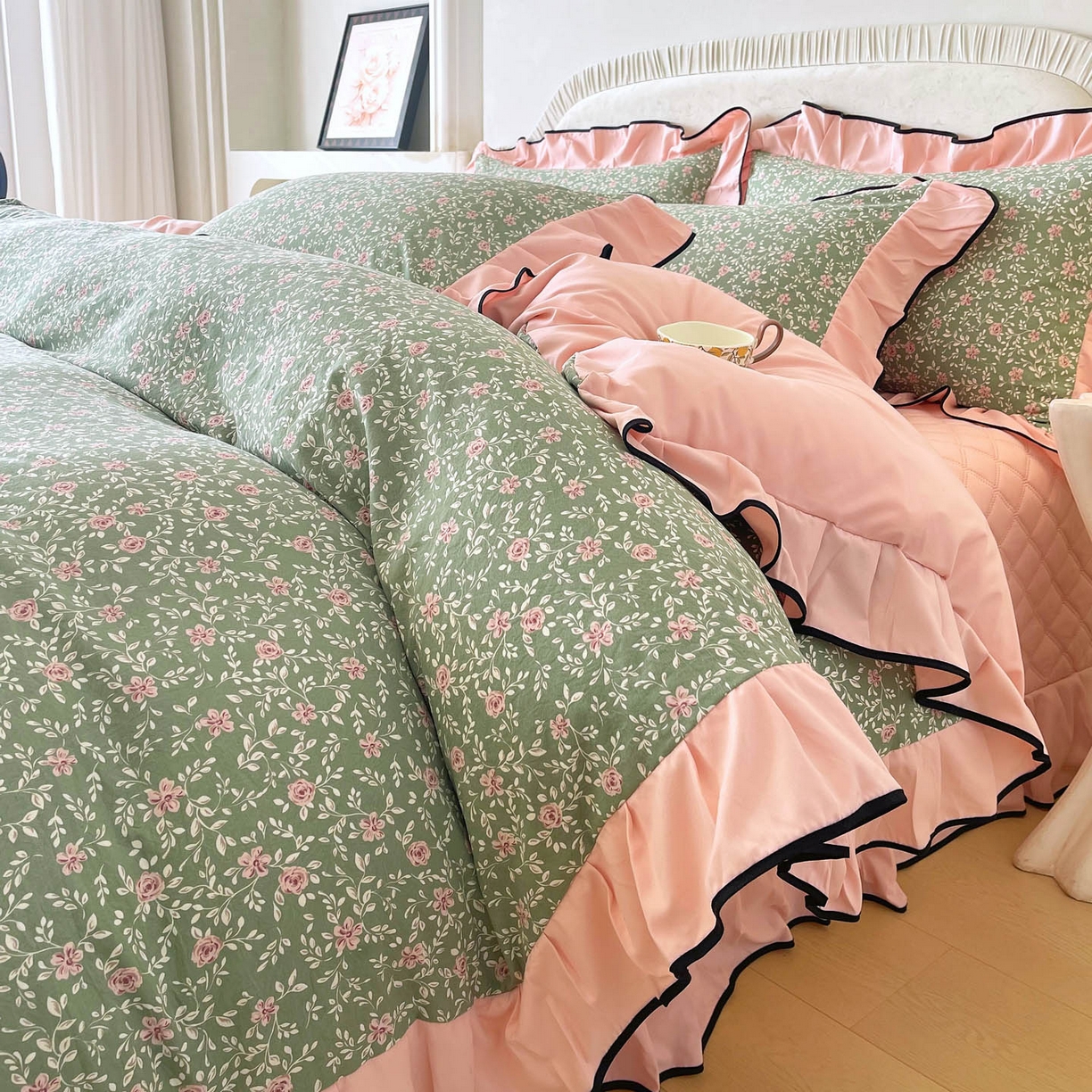 91家纺网 家纺一手货源 找家纺 麦田家纺 2026新款花边床盖四件套 秘密花园