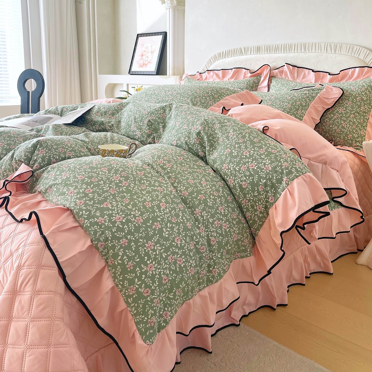 91家纺网 家纺一手货源 找家纺 麦田家纺 2026新款花边床盖四件套 秘密花园